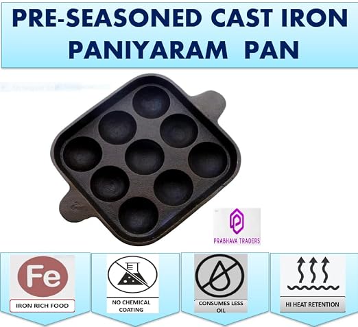 Cast Iron Square Paniyaram Pan | 9-Pit Appam & Paddu Maker |