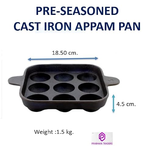 Cast Iron Square Paniyaram Pan | 9-Pit Appam & Paddu Maker |