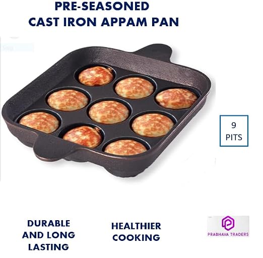 Cast Iron Square Paniyaram Pan | 9-Pit Appam & Paddu Maker |