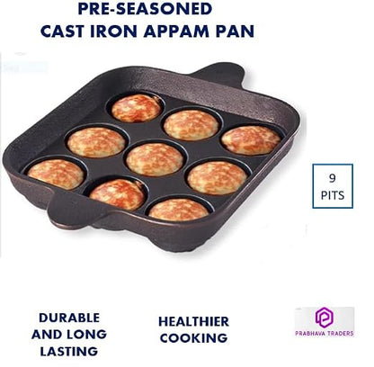 Cast Iron Square Paniyaram Pan | 9-Pit Appam & Paddu Maker |